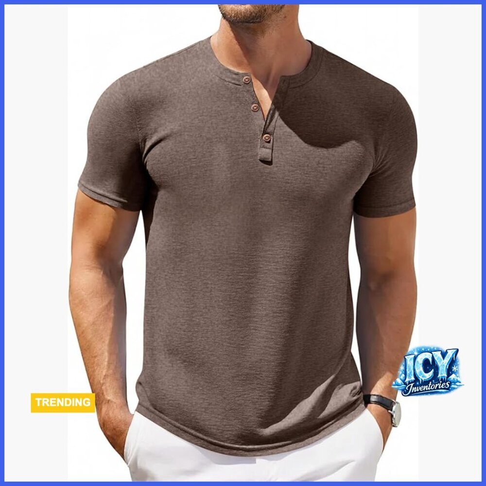 Men's Short Sleeve Henley T-Shirt V-Neck Button-Up Casual Top
